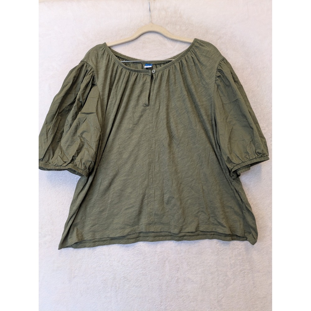 Old Navy Blouse Women's XL Olive‎ Green Puff Sleeve Keyhole Button Relaxed Fit